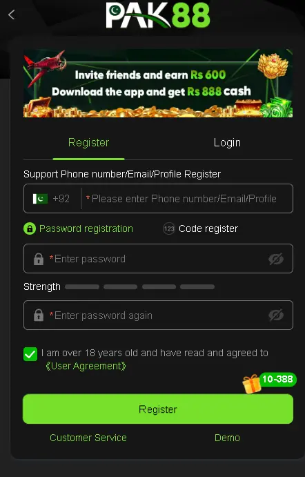 PAK88 Game login and registration page on Android