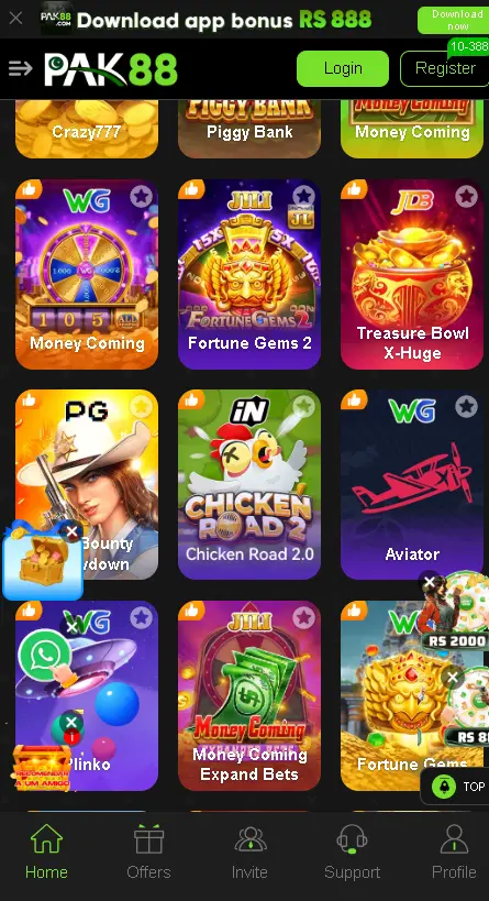 PAK88 Games slots and card games interface screenshot