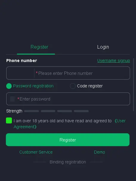 Y77 Game login and registration screen